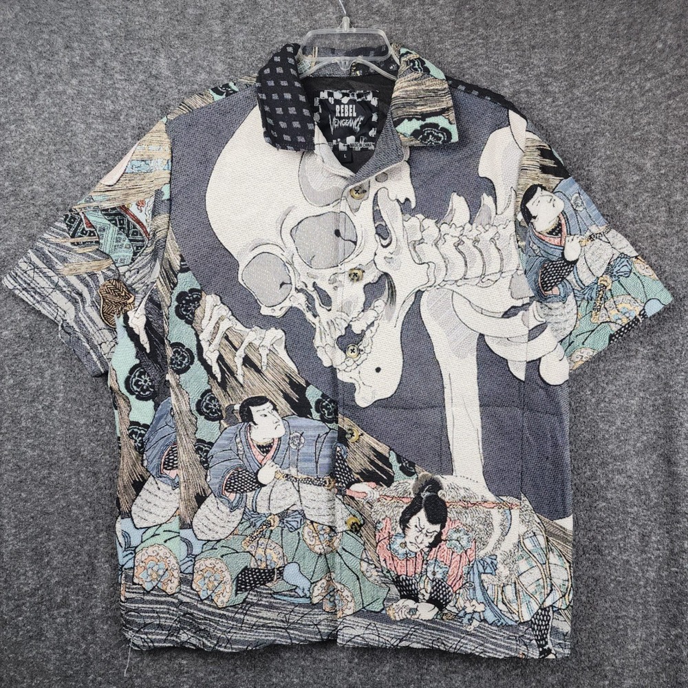 Rebel Vengeance Tapestry Button Up Shirt Mens Large Gray Japanese Skull Samurai
